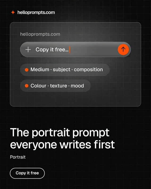 Instagram portrait post for HelloPrompts: "The portrait prompt everyone writes first". Phosphor atlas style, bottom layout, dark palette in black, grey.