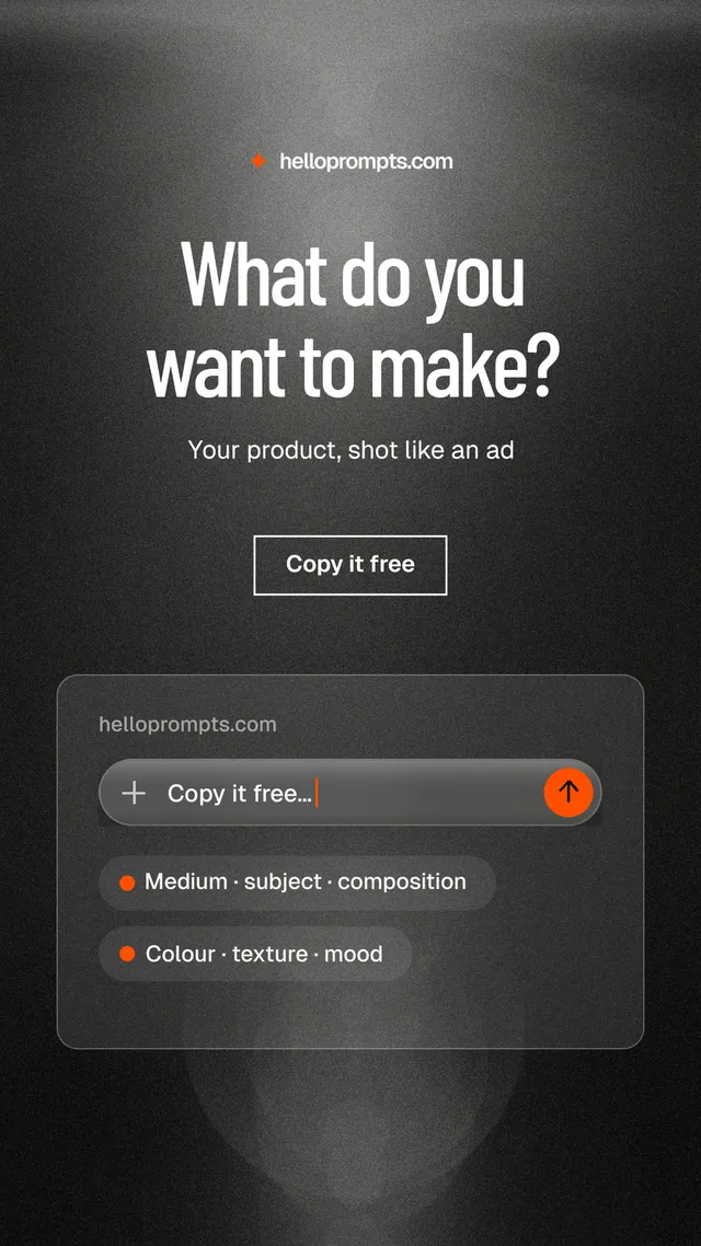 Instagram story for HelloPrompts: "What do you want to make?" Dark deco style, centred layout, dark palette in black, grey.