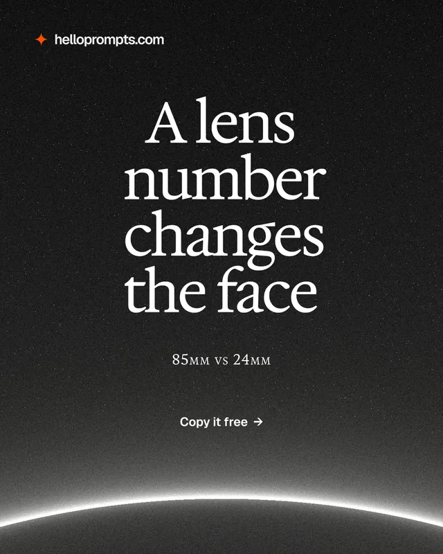 Instagram portrait post for HelloPrompts: "A lens number changes the face". Swiss style, smallcaps layout, dark palette in black, grey.