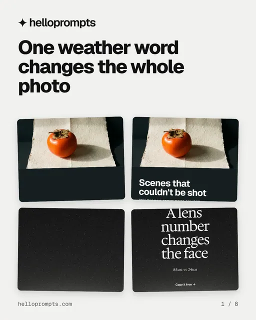 Carousel for HelloPrompts: "One weather word changes the whole photo". Collection carousel, 8 slides, light palette.