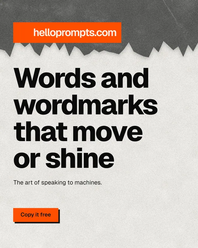 Instagram portrait post for HelloPrompts: "Words and wordmarks that move or shine". Paper trio style, announce layout, light palette in orange, white, grey.