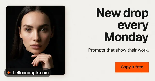 Social ad for HelloPrompts: "New drop every Monday". Swiss style, right layout, light palette in white, black, orange.