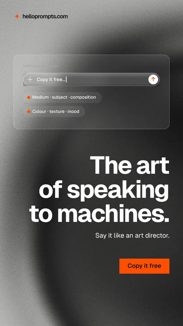 Instagram story for HelloPrompts: "The art of speaking to machines." Swiss style, right layout, dark palette in grey, black.