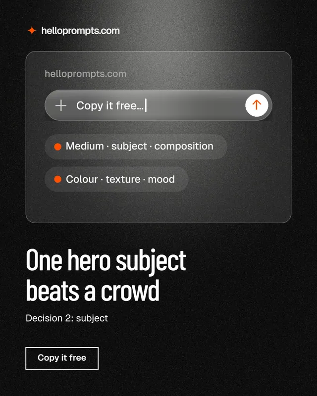 Instagram portrait post for HelloPrompts: "One hero subject beats a crowd". Dark deco style, bottom layout, dark palette in black, grey.