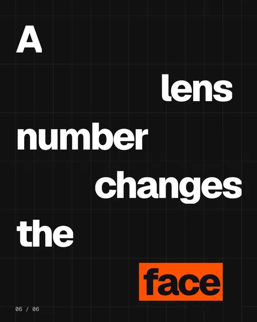 Video for HelloPrompts: "A lens number changes the face". Kinetic type grid, 6.0 s, dark palette.