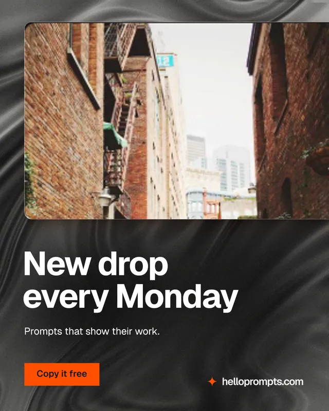 Instagram portrait post for HelloPrompts: "New drop every Monday". Swiss style, bottom layout, dark palette in orange, black.