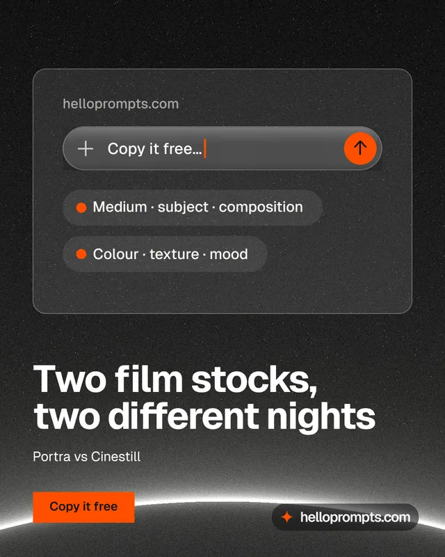 Instagram portrait post for HelloPrompts: "Two film stocks, two different nights". Swiss style, bottom layout, dark palette in black, grey.