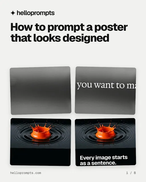 Carousel for HelloPrompts: "How to prompt a poster that looks designed". Collection carousel, 8 slides, light palette.