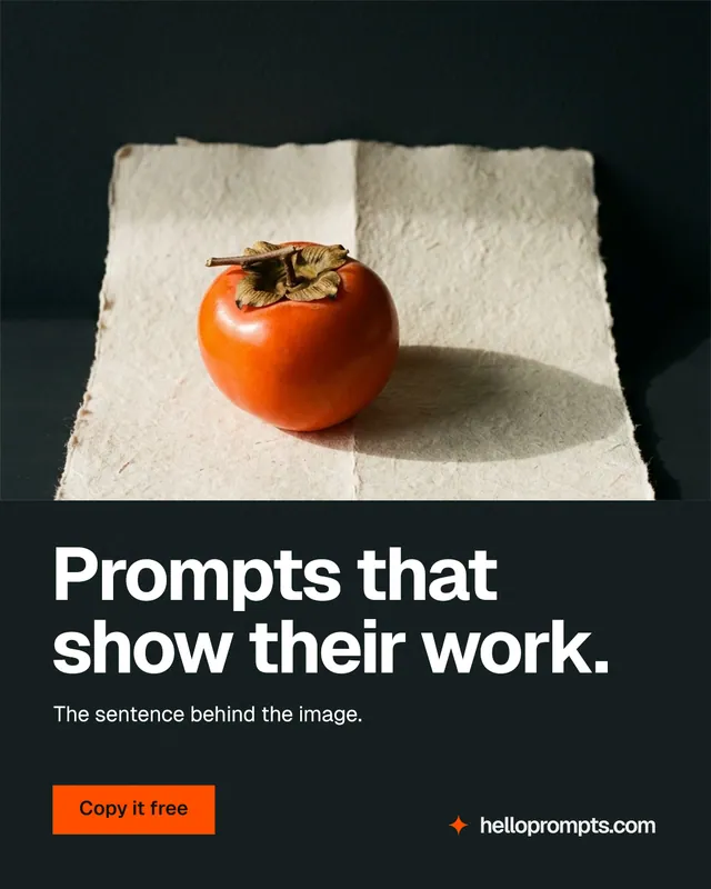 Instagram portrait post for HelloPrompts: "Prompts that show their work." Swiss style, bottom layout, dark palette in black, orange, grey.