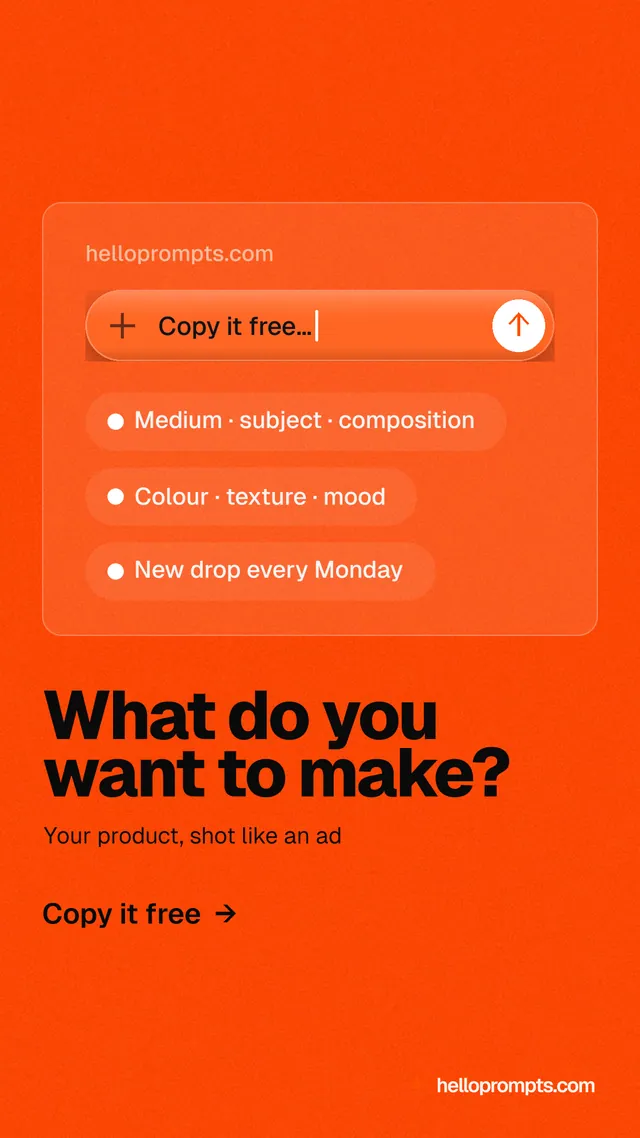 Instagram story for HelloPrompts: "What do you want to make?" Turn card style, bottom layout, dark palette in orange.