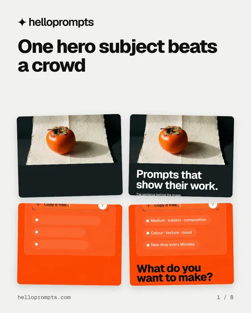 Carousel for HelloPrompts: "One hero subject beats a crowd". Collection carousel, 8 slides, light palette.