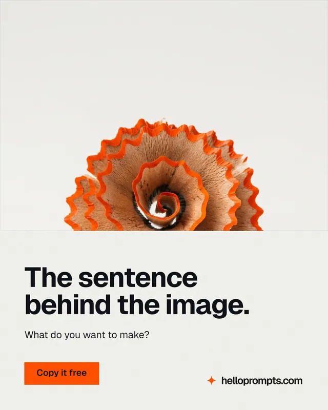 Instagram portrait post for HelloPrompts: "The sentence behind the image." Swiss style, bottom layout, light palette in white, brown.