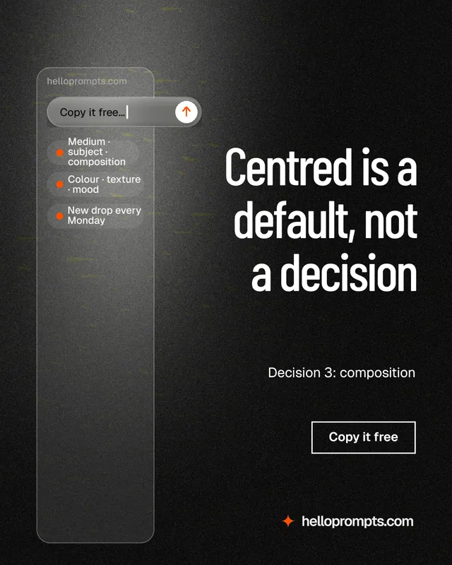 Instagram portrait post for HelloPrompts: "Centred is a default, not a decision". Dark deco style, right layout, dark palette in black, grey.