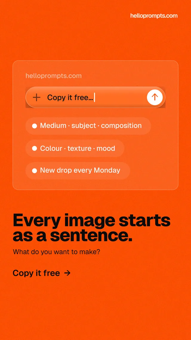 Instagram story for HelloPrompts: "Every image starts as a sentence." Turn card style, bottom layout, light palette in orange.