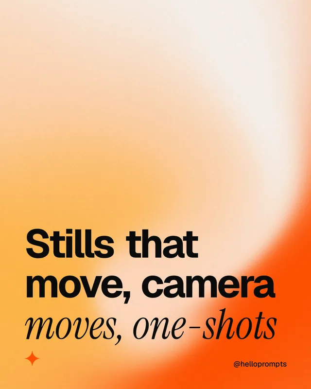 Instagram portrait post for HelloPrompts: "Stills that move, camera moves, one-shots". Auto 4x5 style, technique:shader field layout, light palette in orange, white.