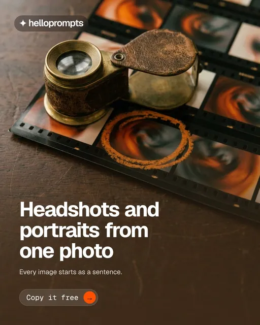Video for HelloPrompts: "Headshots and portraits from one photo". Doc motion loop, 8.0 s, dark palette.