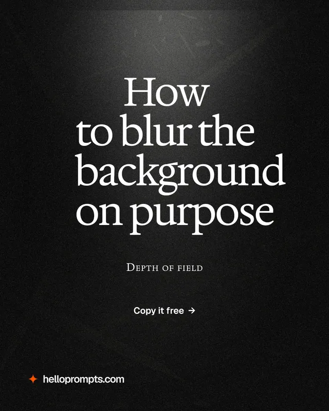 Instagram portrait post for HelloPrompts: "How to blur the background on purpose". Dark deco style, smallcaps layout, dark palette in black, grey.