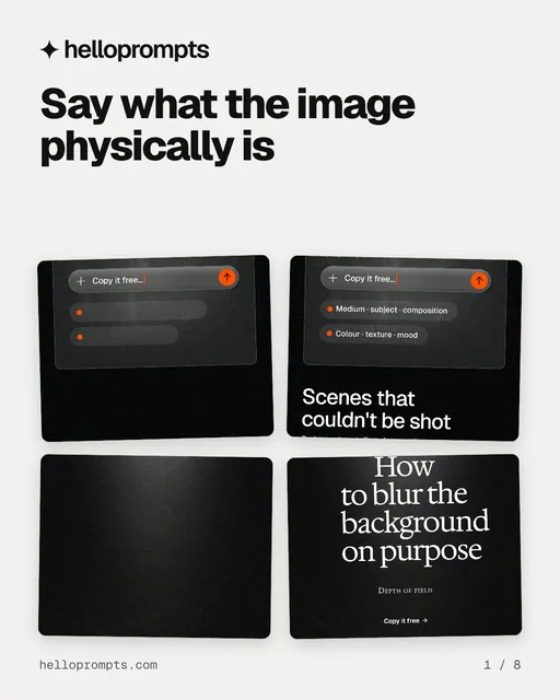 Carousel for HelloPrompts: "Say what the image physically is". Collection carousel, 8 slides, light palette.