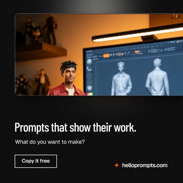 Instagram post for HelloPrompts: "Prompts that show their work." Dark deco style, bottom layout, dark palette in black, grey.