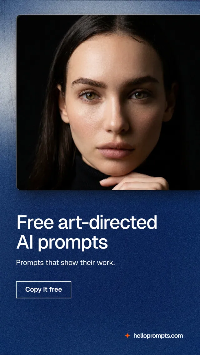 Instagram story for HelloPrompts: "Free art-directed AI prompts". Cyanotype style, bottom layout, dark palette in blue, black, grey.