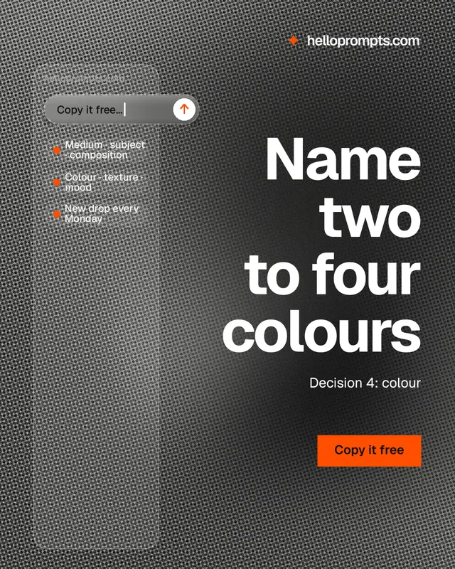 Instagram portrait post for HelloPrompts: "Name two to four colours". Swiss style, right layout, dark palette in grey, black.