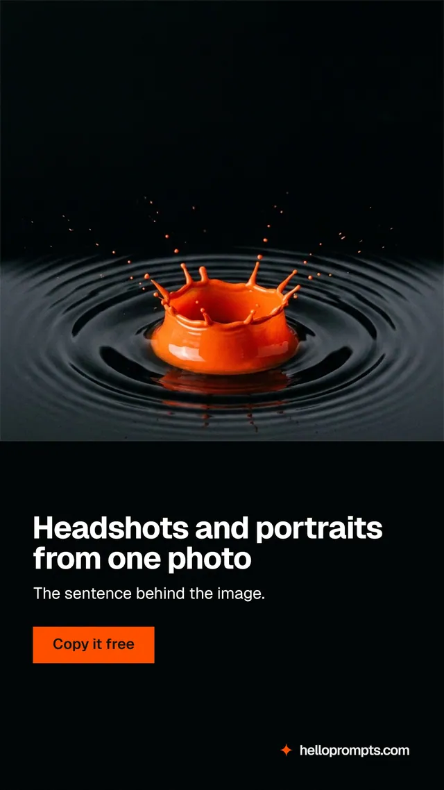 Instagram story for HelloPrompts: "Headshots and portraits from one photo". Swiss style, bottom layout, dark palette in black, grey.