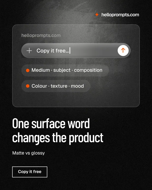 Instagram portrait post for HelloPrompts: "One surface word changes the product". Dark deco style, bottom layout, dark palette in black, grey.