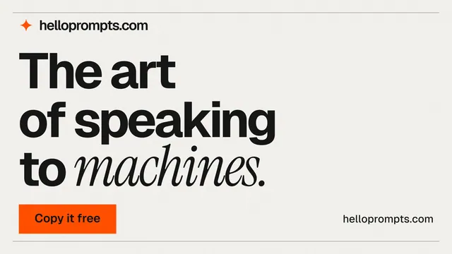Landscape graphic for HelloPrompts: "The art of speaking to machines." Swiss style, poster layout, light palette in white, grey.