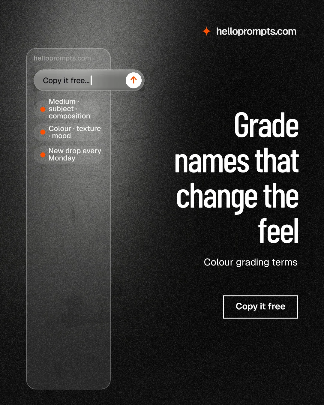 Instagram portrait post for HelloPrompts: "Grade names that change the feel". Dark deco style, right layout, dark palette in black, grey.
