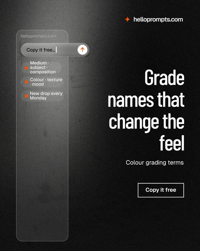 Instagram portrait post for HelloPrompts: "Grade names that change the feel". Dark deco style, right layout, dark palette in black, grey.