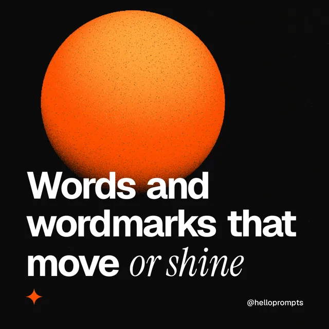 Instagram post for HelloPrompts: "Words and wordmarks that move or shine". Auto 1x1 style, technique:shader field layout, dark palette in black, brown.