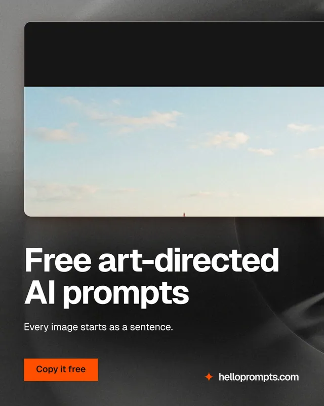 Instagram portrait post for HelloPrompts: "Free art-directed AI prompts". Swiss style, bottom layout, dark palette in black, white, grey.