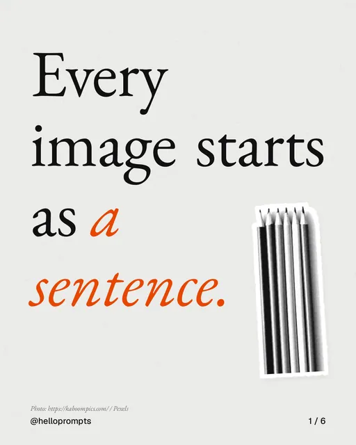 Carousel for HelloPrompts: "Every image starts as a sentence.". Cutout essay, 6 slides, light palette.