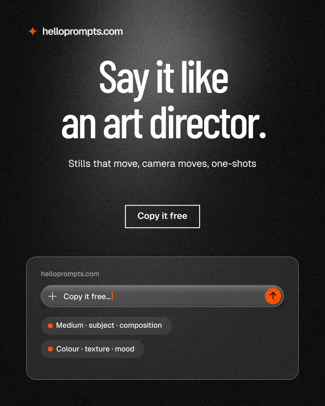 Instagram portrait post for HelloPrompts: "Say it like an art director." Dark deco style, centred layout, dark palette in black, grey.