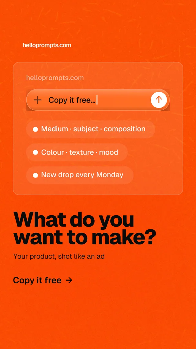 Instagram story for HelloPrompts: "What do you want to make?" Turn card style, bottom layout, light palette in orange.