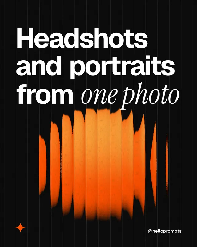 Instagram portrait post for HelloPrompts: "Headshots and portraits from one photo". Auto 4x5 style, technique:shader field layout, dark palette in black, orange.
