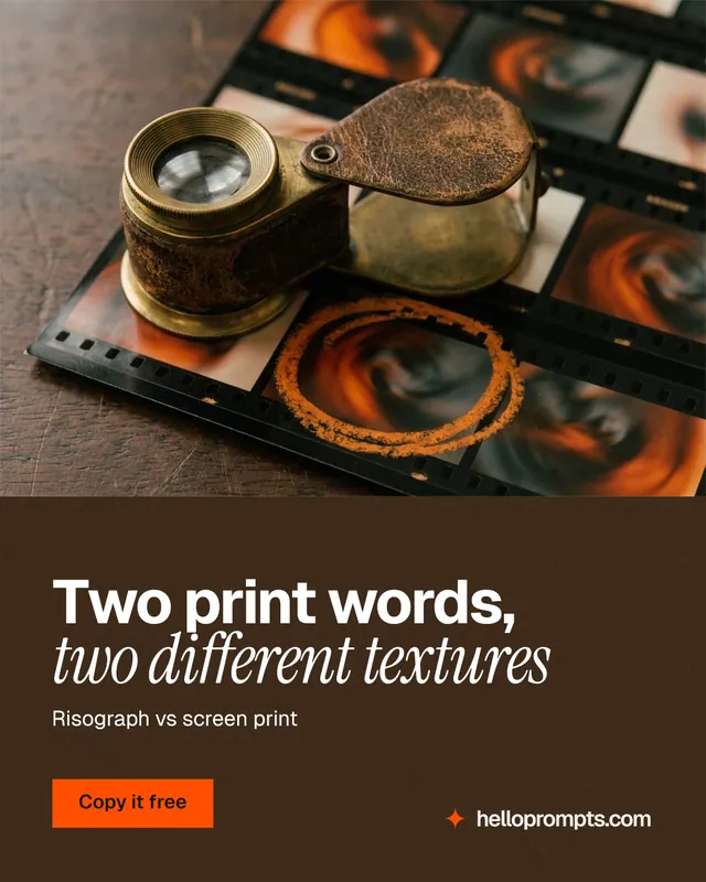 Instagram portrait post for HelloPrompts: "Two print words, two different textures". Swiss style, bottom layout, dark palette in orange, black, grey.