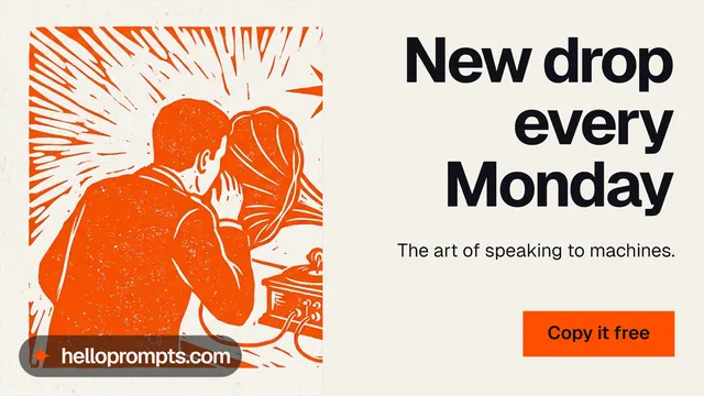 Landscape graphic for HelloPrompts: "New drop every Monday". Swiss style, right layout, light palette in orange, white.