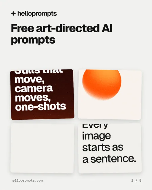 Carousel for HelloPrompts: "Free art-directed AI prompts". Collection carousel, 8 slides, light palette.