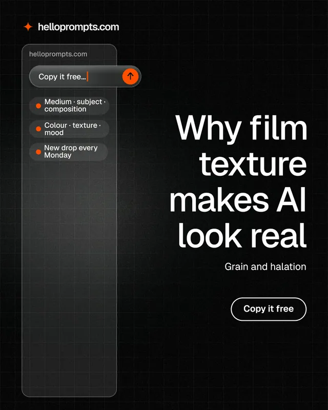 Instagram portrait post for HelloPrompts: "Why film texture makes AI look real". Phosphor atlas style, right layout, dark palette in black, grey.