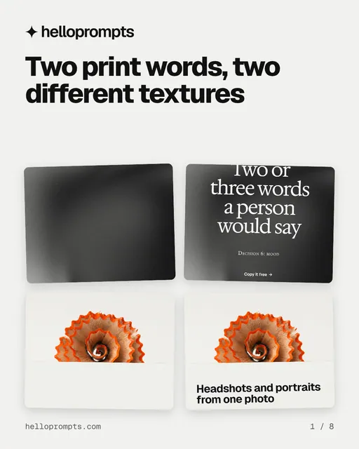 Carousel for HelloPrompts: "Two print words, two different textures". Collection carousel, 8 slides, light palette.