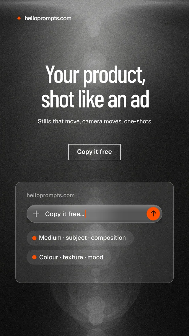 Instagram story for HelloPrompts: "Your product, shot like an ad". Dark deco style, centred layout, dark palette in black, grey.