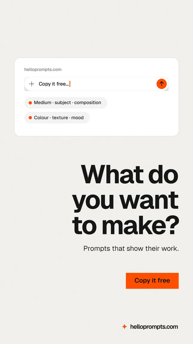 Instagram story for HelloPrompts: "What do you want to make?" Swiss style, right layout, light palette in white, grey.