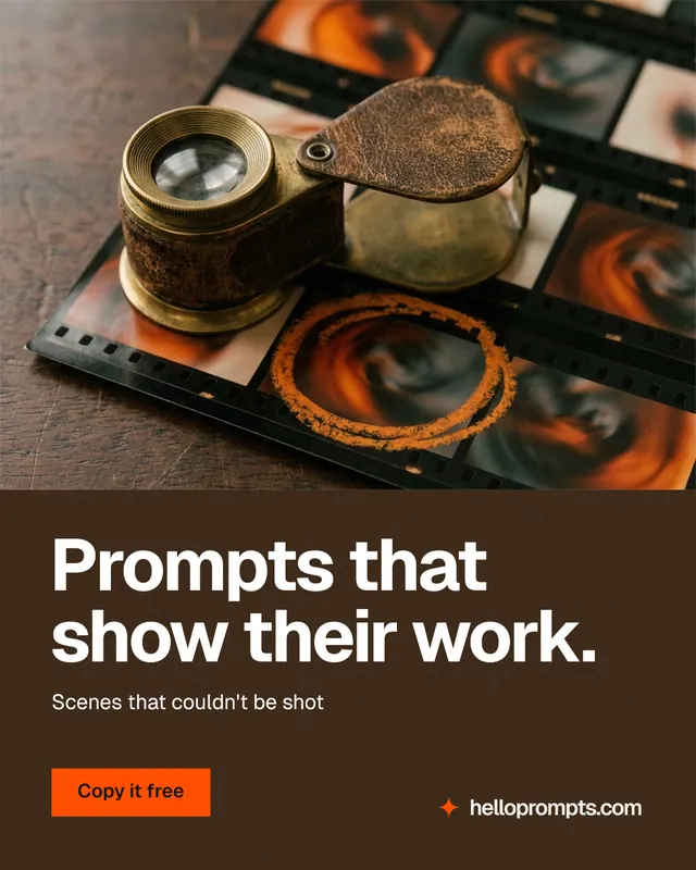 Instagram portrait post for HelloPrompts: "Prompts that show their work." Swiss style, bottom layout, dark palette in orange, grey, black.