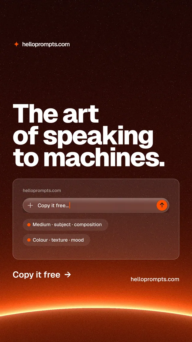 Instagram story for HelloPrompts: "The art of speaking to machines." Turn card style, poster layout, dark palette in black, red, orange.