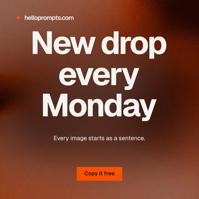 Instagram post for HelloPrompts: "New drop every Monday". Swiss style, centred layout, dark palette in red, orange, grey.