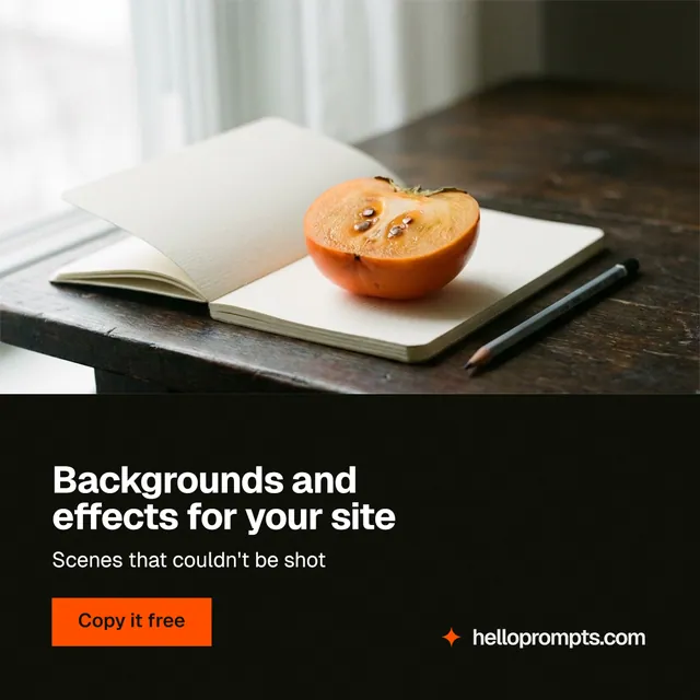 Instagram post for HelloPrompts: "Backgrounds and effects for your site". Swiss style, bottom layout, dark palette in white, black, orange.