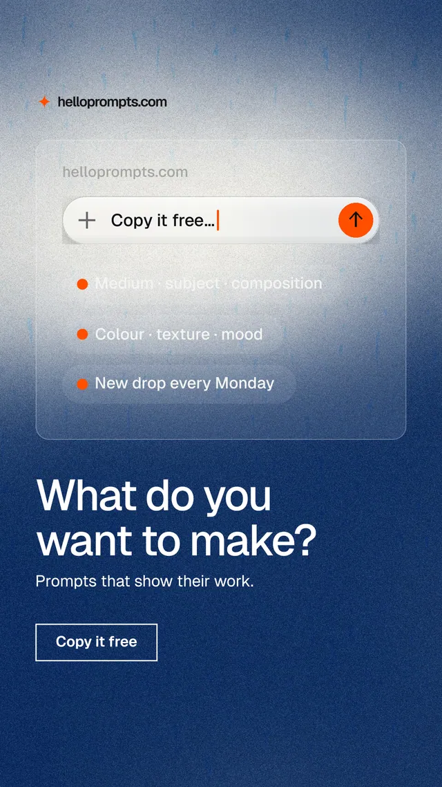Instagram story for HelloPrompts: "What do you want to make?" Cyanotype style, bottom layout, light palette in white, grey, blue.