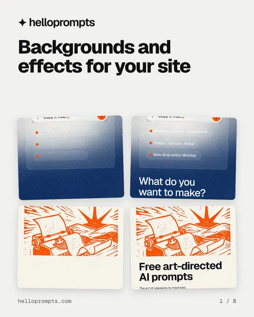 Carousel for HelloPrompts: "Backgrounds and effects for your site". Collection carousel, 8 slides, light palette.