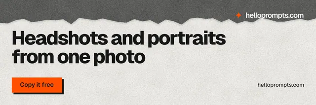 X header for HelloPrompts: "Headshots and portraits from one photo". Paper trio style, poster layout, light palette in grey, white.